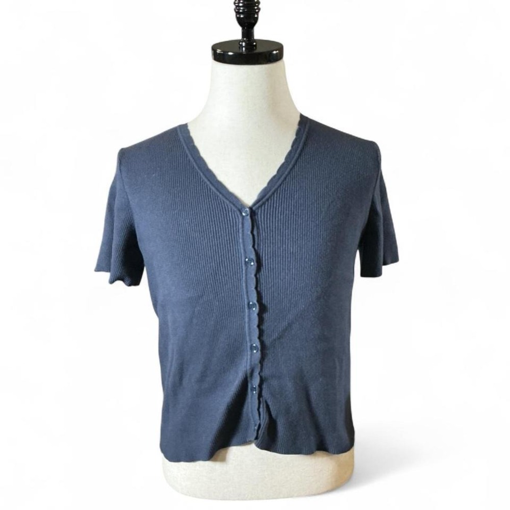 Y2K danielrainn Navy Blue Ribbed Button Front Cardigan Sweater Women Scalloped‎